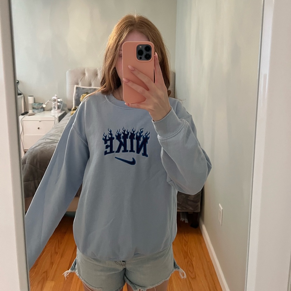 Nike Logo With Flames Blue Crewneck